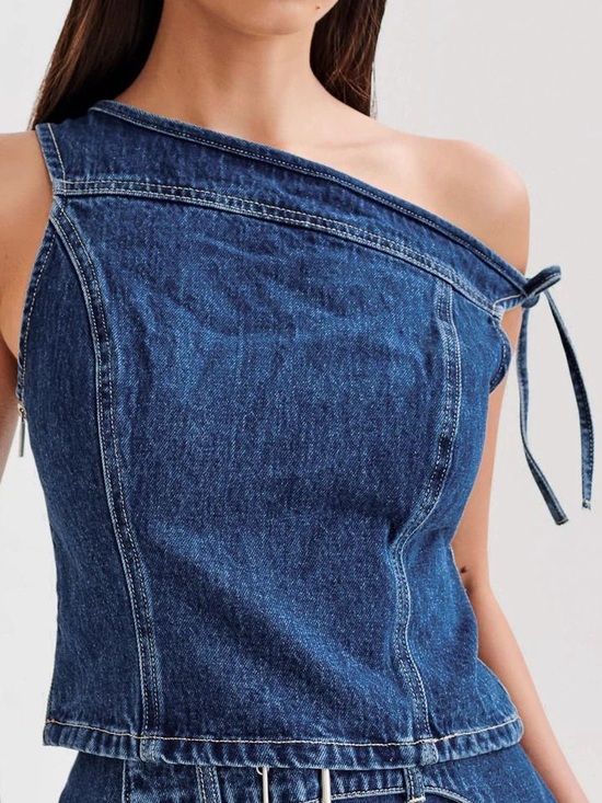 Meshki Tops - MESHKI Off-the-Shoulder Denim Top Asymmetrical Crop Side Tie Edge Y2K Size Small